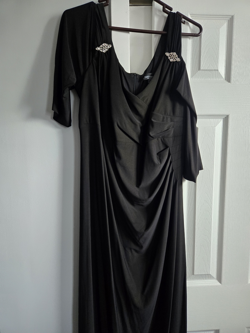 Elegant Black Draped Evening Dress with Rhinestone Accents